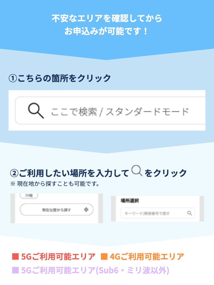不安なエリアを確認してからお申込みが可能です！
①こちらの箇所をクリック
②ご利用したい場所を入力してクリック
5Gご利用可能エリア
4Gご利用可能エリア
5Gご利用可能エリア(Sub6・ミリ波以外）