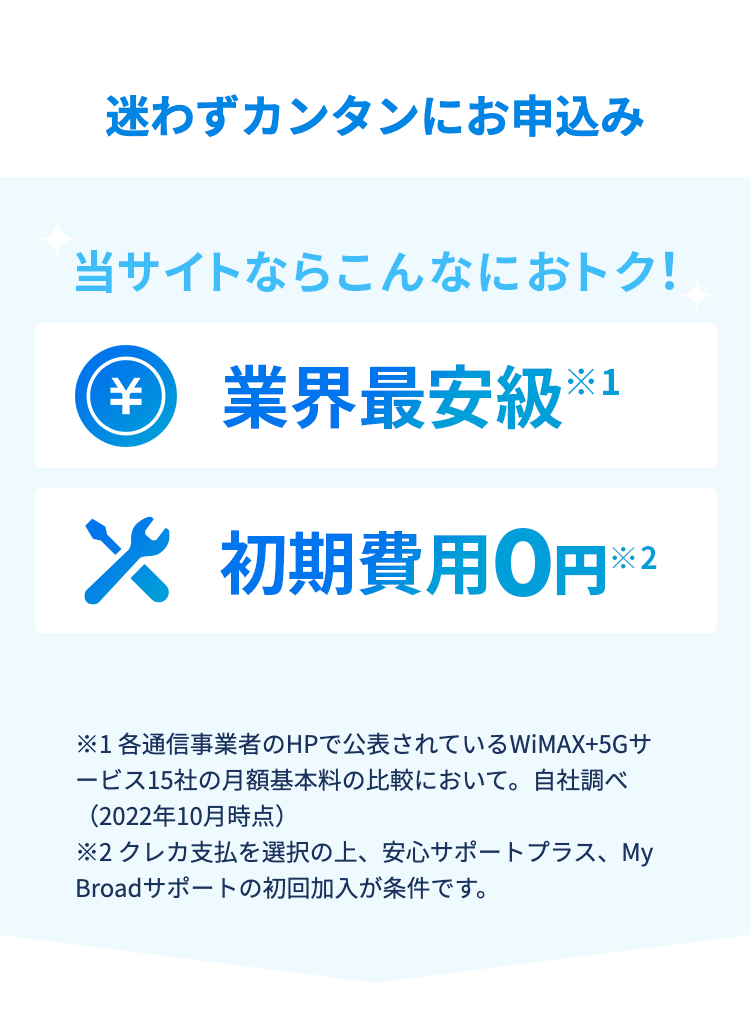 迷わずカンタンにお申込み
当サイトならこんなにおトク！
業界最安級※1
初期費用0円

※1 各通信事業者のHPで公表されているWiMAX+5Gサービス15社の月額基本料の比較において。自社調べ（2022年6月時点）