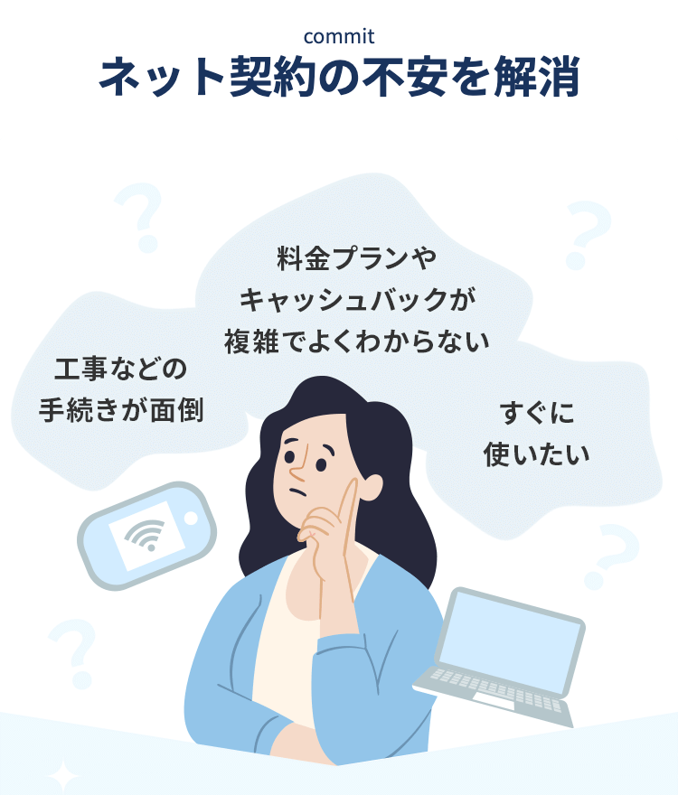 commit ネット契約の不安を解消

料金プランやキャッシュバックが複雑でよくわからない
工事などの手続きが面倒
すぐ使いたい
